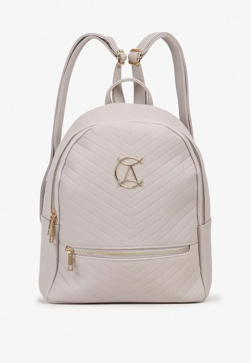 Szary Casualowy Plecak Ozdobiony Metalicznym Logo i Pikowaniem Jaloedi