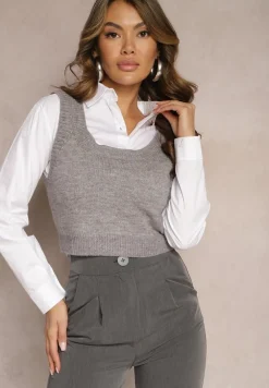 Szary 2-Częściowy Komplet Koszula i Dzianinowy Top o Krótkim Fasonie Tarilena