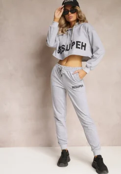 Szary 3-częściowy Komplet z Topem Bluzą i Spodniami Dresowymi Klomenna