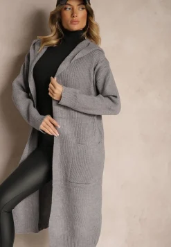 Szary Długi Kardigan Niezapinany z Bawełną Wełną Kapturem i Wsuwanymi Kieszeniami Zozira
