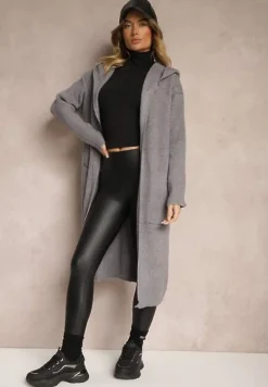 Szary Długi Kardigan Niezapinany z Bawełną Wełną Kapturem i Wsuwanymi Kieszeniami Zozira