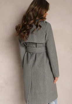 Szary Dwurzędowy Płaszcz z Wiskozy z Paskiem w Talii Beluna