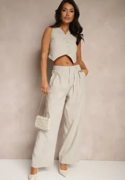 Szary Garniturowy Komplet z Wiskozą i Bawełną Kamizelka oraz Spodnie Milvivis