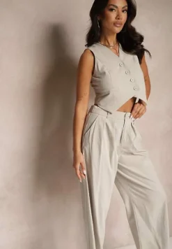 Szary Garniturowy Komplet z Wiskozą i Bawełną Kamizelka oraz Spodnie Milvivis