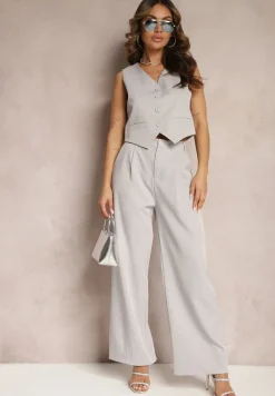 Szary Garniturowy Komplet w Delikatne Prążki z Kamizelką i Luźnymi Spodniami Paliera