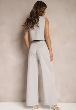 Szary Garniturowy Komplet w Delikatne Prążki z Kamizelką i Luźnymi Spodniami Paliera