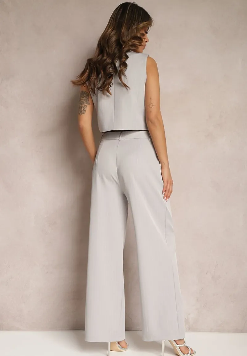 Szary Garniturowy Komplet w Delikatne Prążki z Kamizelką i Luźnymi Spodniami Paliera