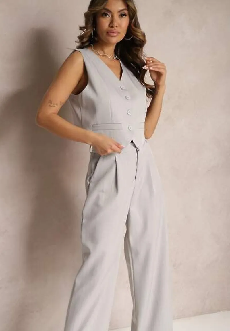 Szary Garniturowy Komplet w Delikatne Prążki z Kamizelką i Luźnymi Spodniami Paliera