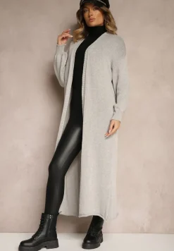 Szary Jednolity Kardigan o Przedłużonym Kroju ze Ściągaczami Terrin