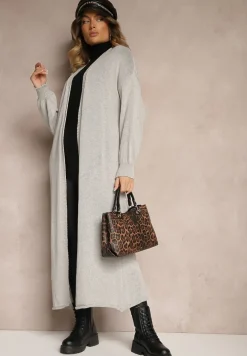 Szary Jednolity Kardigan o Przedłużonym Kroju ze Ściągaczami Terrin
