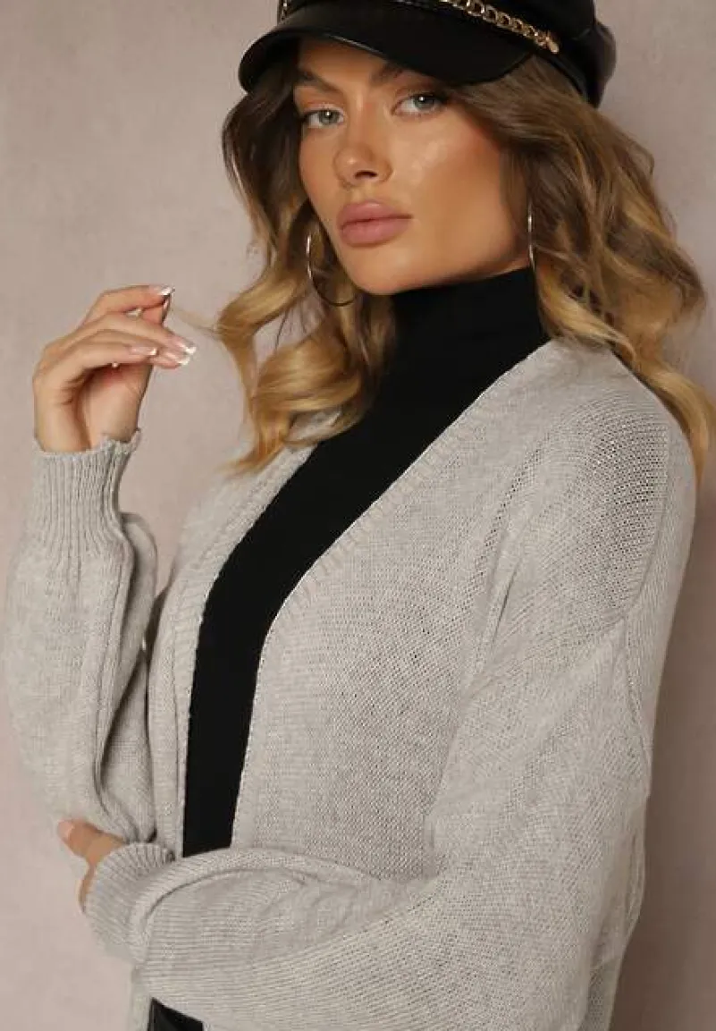 Szary Jednolity Kardigan o Przedłużonym Kroju ze Ściągaczami Terrin