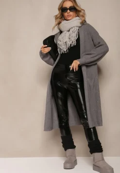 Szary Jednolity Kardigan z Długim Rękawem Niezapinany z Kapturem Colise