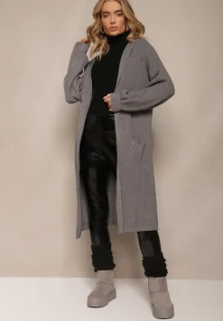 Szary Jednolity Kardigan z Długim Rękawem Niezapinany z Kapturem Colise