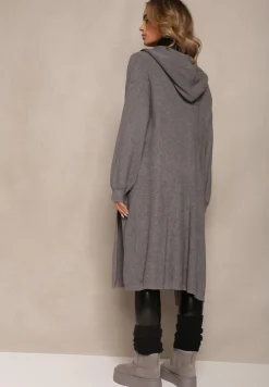 Szary Jednolity Kardigan z Długim Rękawem Niezapinany z Kapturem Colise