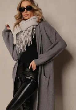 Szary Jednolity Kardigan z Długim Rękawem Niezapinany z Kapturem Colise