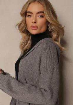 Szary Jednolity Kardigan z Długim Rękawem Niezapinany z Kapturem Colise