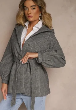 Szary Jednorzędowy Płaszcz z Kapturem Przewiązany Paskiem w Talii Erinessia