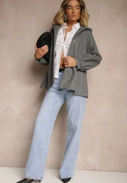 Szary Jednorzędowy Płaszcz z Kapturem Przewiązany Paskiem w Talii Erinessia