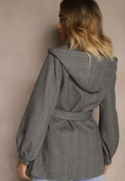 Szary Jednorzędowy Płaszcz z Kapturem Przewiązany Paskiem w Talii Erinessia