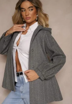 Szary Jednorzędowy Płaszcz z Kapturem Przewiązany Paskiem w Talii Erinessia