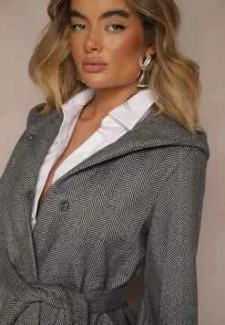 Szary Jednorzędowy Płaszcz z Kapturem Przewiązany Paskiem w Talii Erinessia