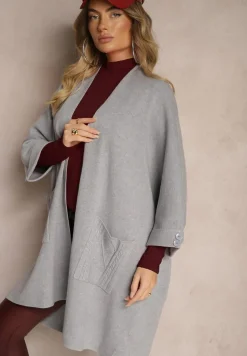Szary Kardigan Bez Zapięć Ozdobiony Guzikami i Wsuwanymi Kieszeniami Asindra