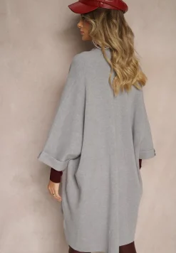 Szary Kardigan Bez Zapięć Ozdobiony Guzikami i Wsuwanymi Kieszeniami Asindra