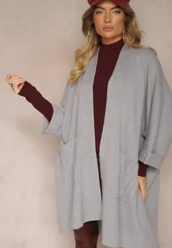 Szary Kardigan Bez Zapięć Ozdobiony Guzikami i Wsuwanymi Kieszeniami Asindra