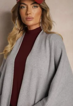 Szary Kardigan Bez Zapięć Ozdobiony Guzikami i Wsuwanymi Kieszeniami Asindra