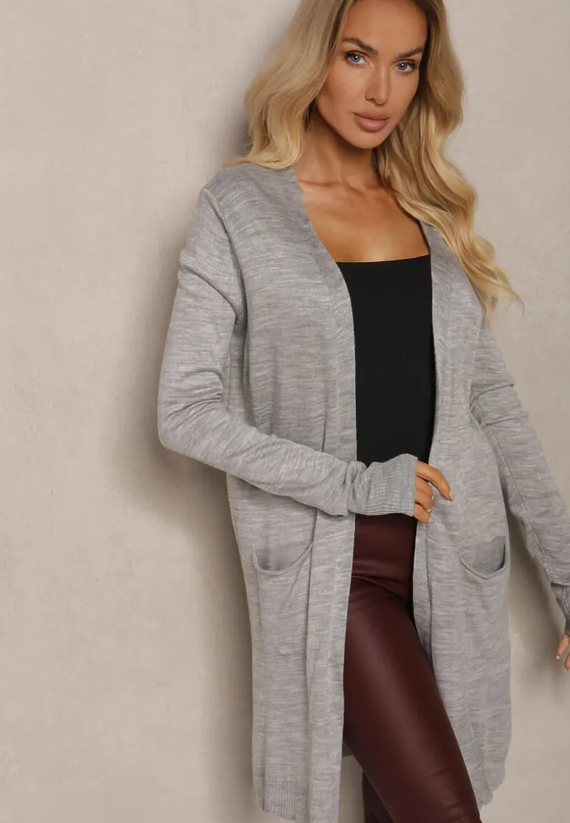 Szary Kardigan Bez Zapięć o Prostym Kroju ze Wsuwanymi Kieszonkami Torinia