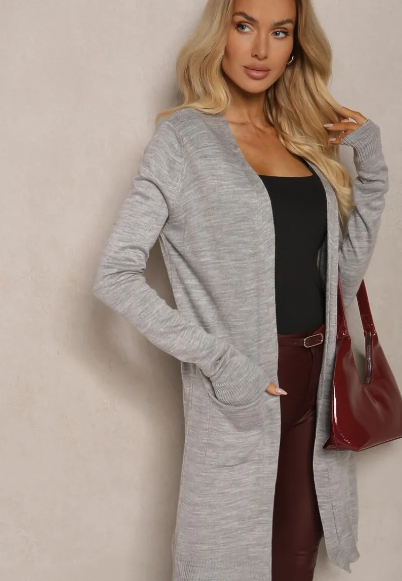 Szary Kardigan Bez Zapięć o Prostym Kroju ze Wsuwanymi Kieszonkami Torinia