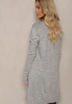 Szary Kardigan Bez Zapięć o Prostym Kroju ze Wsuwanymi Kieszonkami Torinia