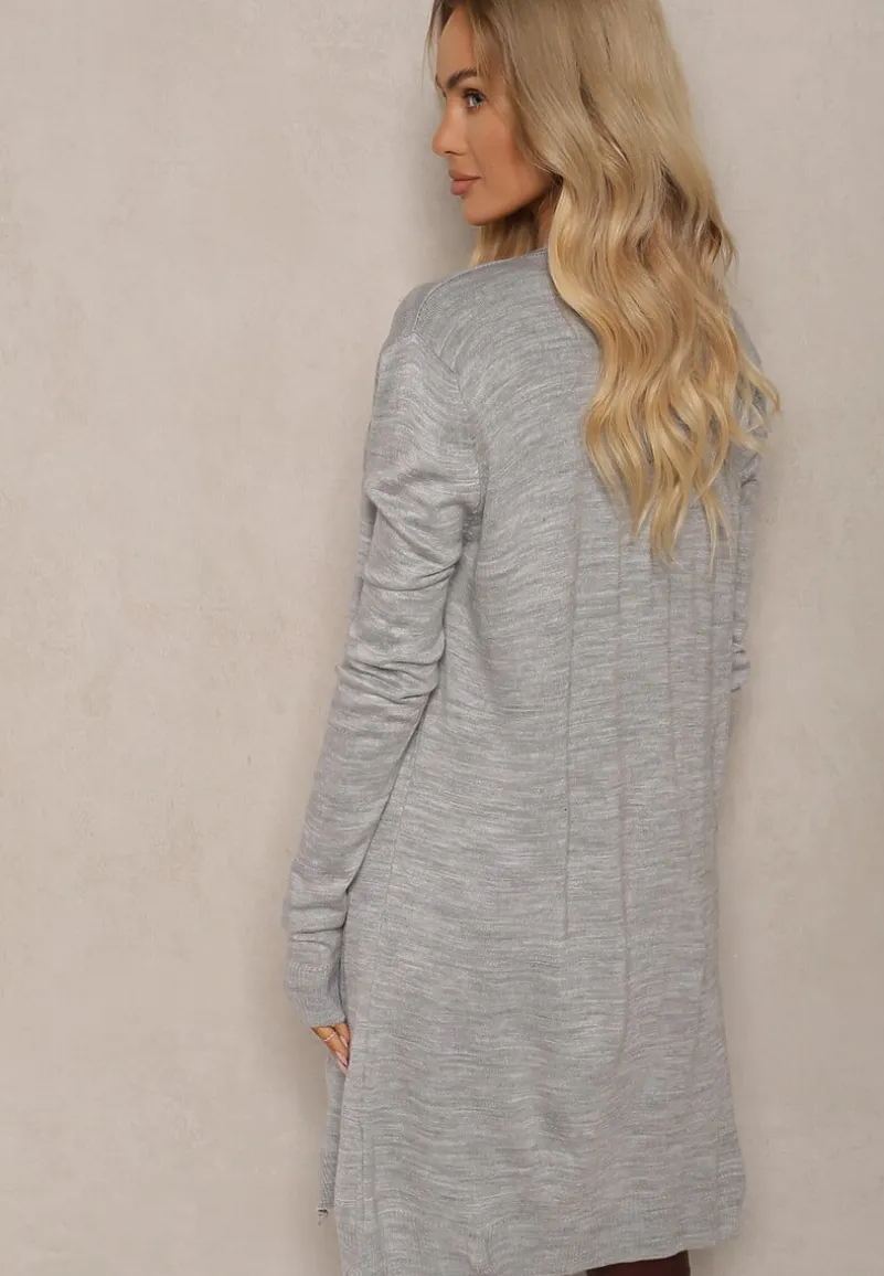 Szary Kardigan Bez Zapięć o Prostym Kroju ze Wsuwanymi Kieszonkami Torinia