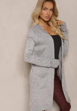 Szary Kardigan Bez Zapięć o Prostym Kroju ze Wsuwanymi Kieszonkami Torinia