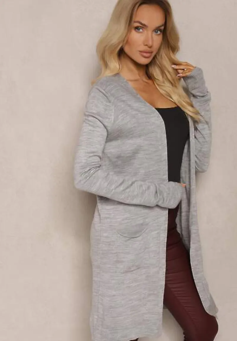 Szary Kardigan Bez Zapięć o Prostym Kroju ze Wsuwanymi Kieszonkami Torinia