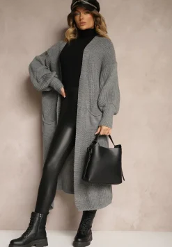 Szary Kardigan Długi z Bufiastym Rękawem Mesho
