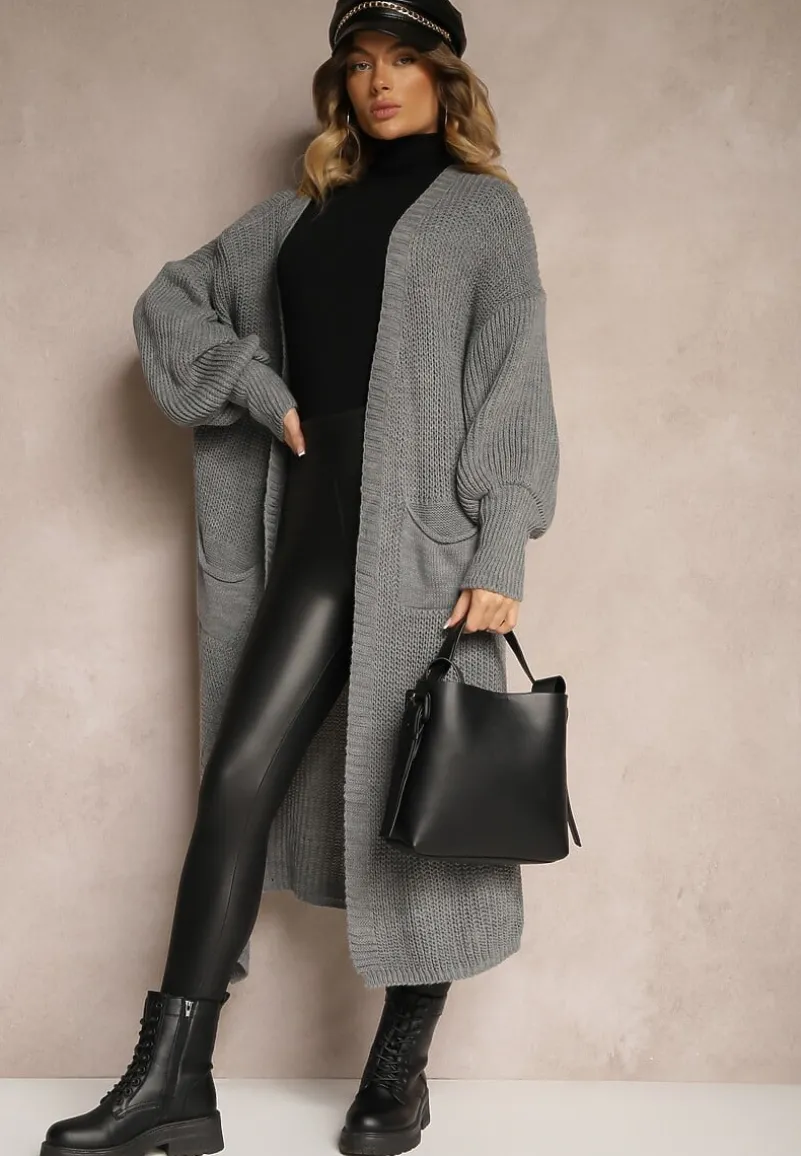 Szary Kardigan Długi z Bufiastym Rękawem Mesho