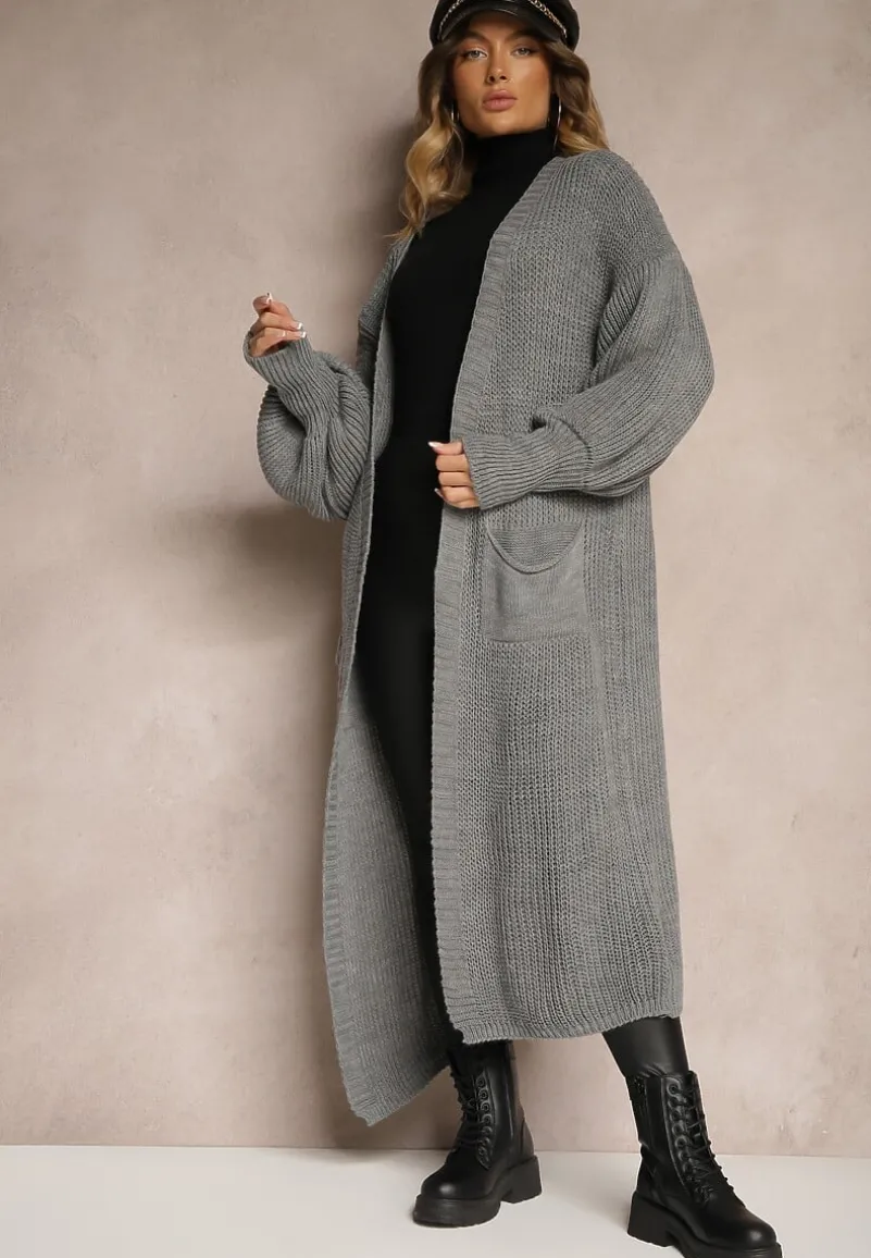 Szary Kardigan Długi z Bufiastym Rękawem Mesho