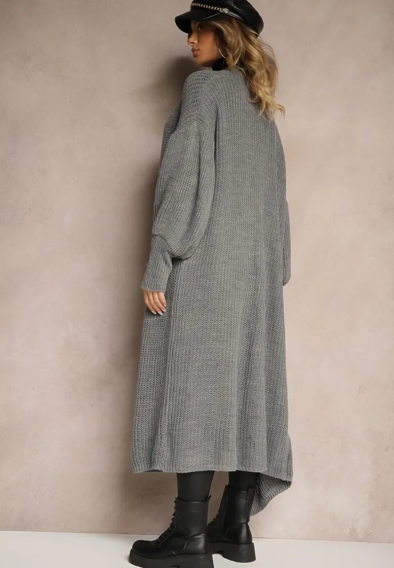 Szary Kardigan Długi z Bufiastym Rękawem Mesho