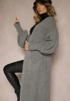 Szary Kardigan Długi z Bufiastym Rękawem Mesho