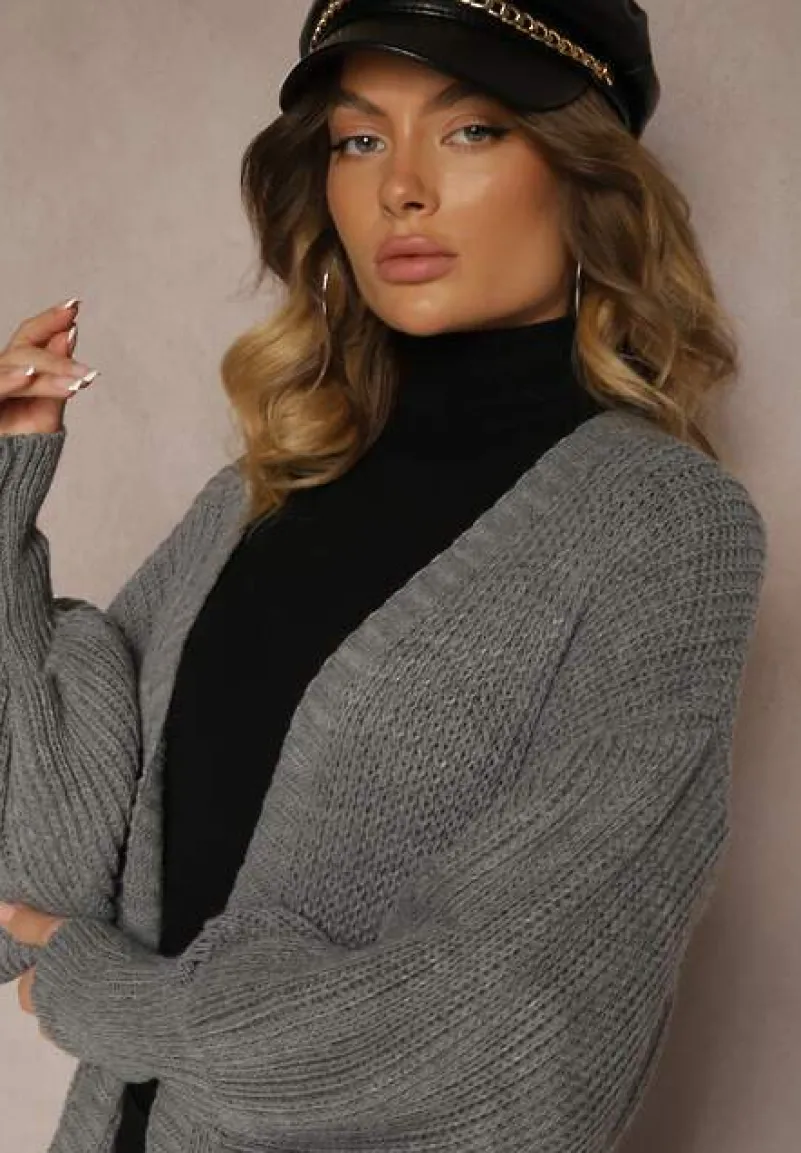 Szary Kardigan Długi z Bufiastym Rękawem Mesho