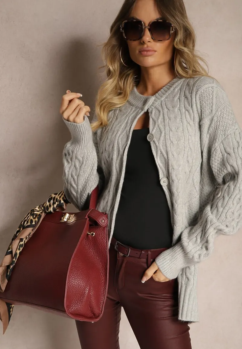 Szary Kardigan na Guziki z Ozdobnym Splotem Alorinda