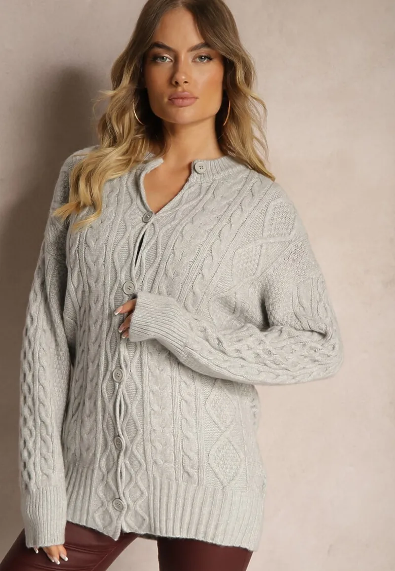 Szary Kardigan na Guziki z Ozdobnym Splotem Alorinda