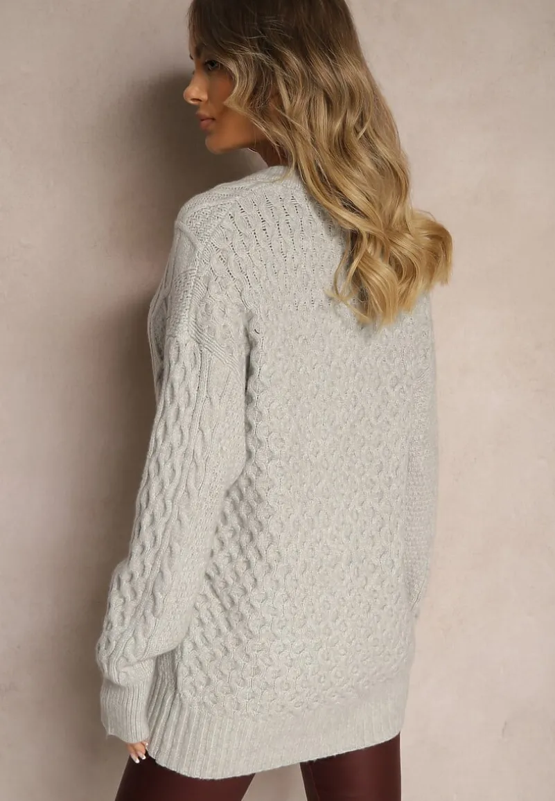 Szary Kardigan na Guziki z Ozdobnym Splotem Alorinda