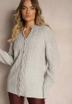 Szary Kardigan na Guziki z Ozdobnym Splotem Alorinda