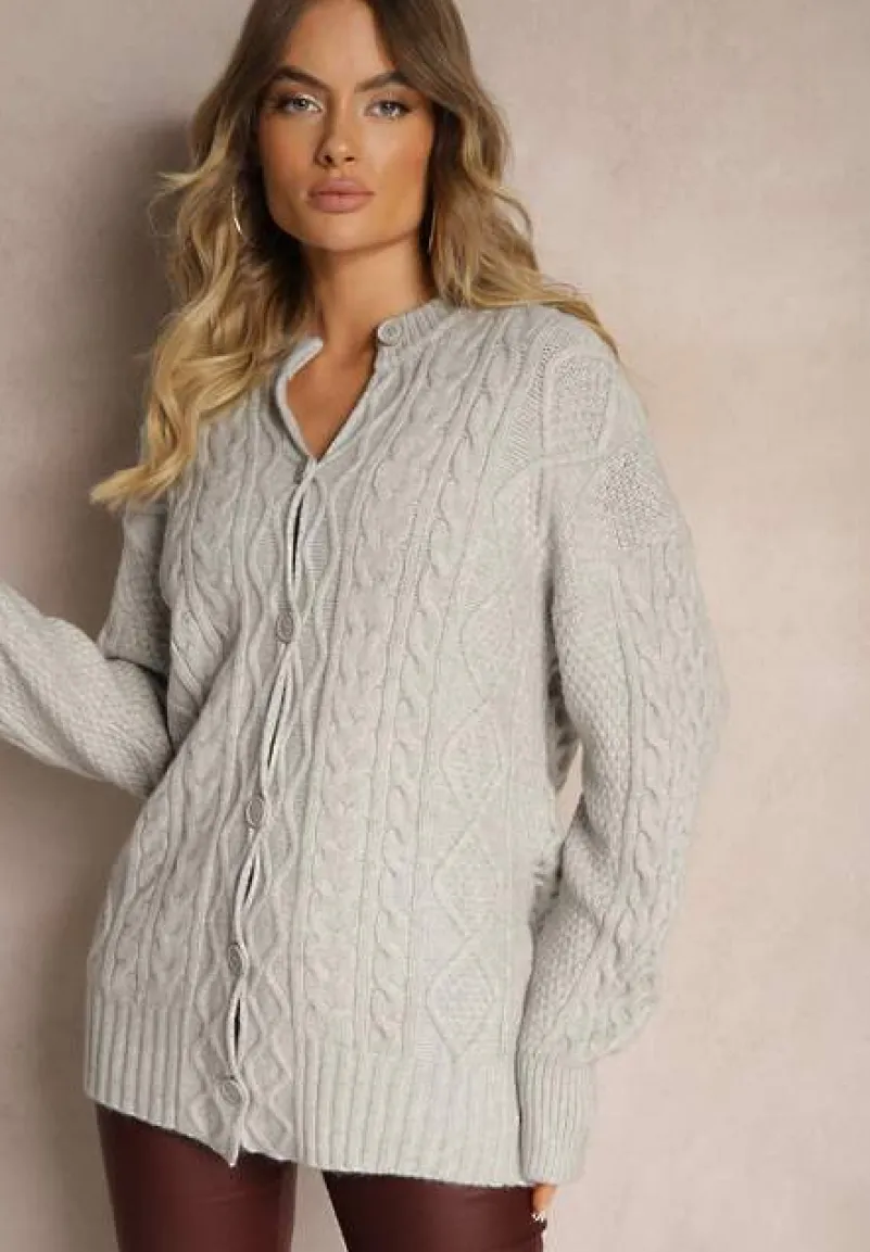 Szary Kardigan na Guziki z Ozdobnym Splotem Alorinda