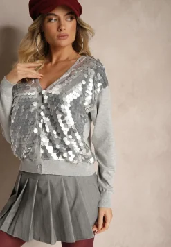 Szary Kardigan na Guziki z Wiskozą i Cekinami Evelith