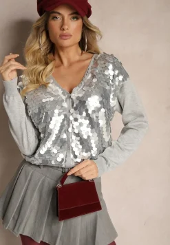 Szary Kardigan na Guziki z Wiskozą i Cekinami Evelith