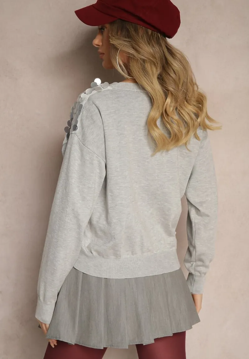 Szary Kardigan na Guziki z Wiskozą i Cekinami Evelith