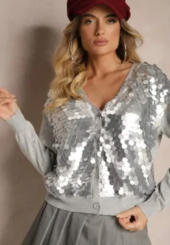 Szary Kardigan na Guziki z Wiskozą i Cekinami Evelith